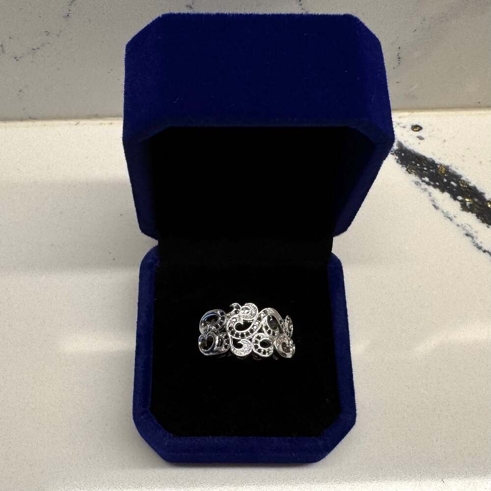 S925 Silver Scrollwork Filigree Black Clear Stone Statement Ring Size 8 NWOT